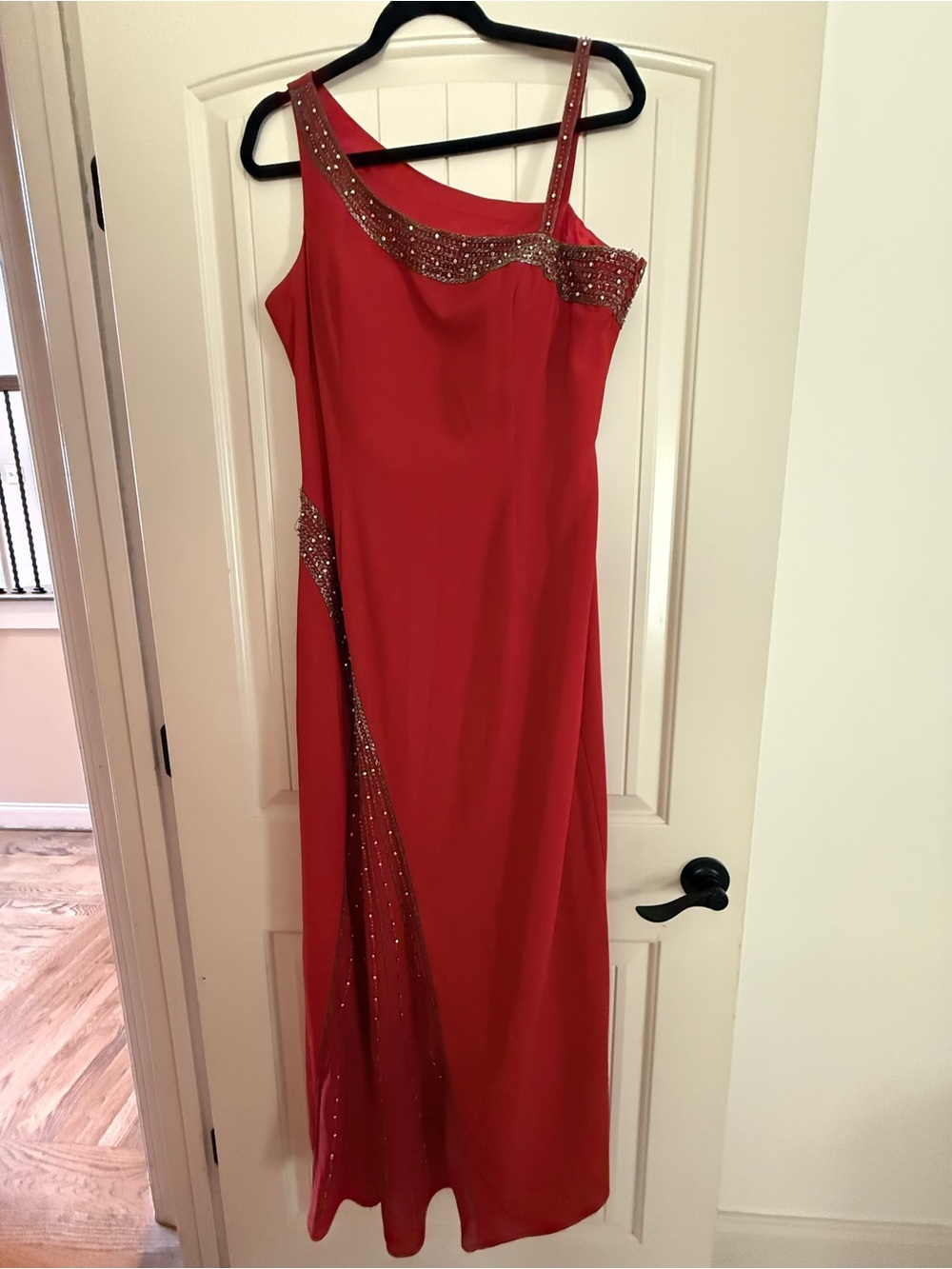 Elegant Red Embellished Evening Gown - vintage-style Aspeed formal evening gown.